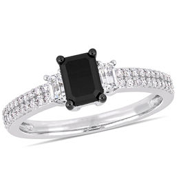 0.85 CT. T.W. Emerald-Cut Black Diamond and White Sapphire Three Stone Engagement Ring in 10K White Gold