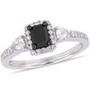 Thumbnail Image 1 of 0.90 CT. T.W. Emerald-Cut Enhanced Black and White Sapphire Three Stone Frame Engagement Ring in 10K White Gold