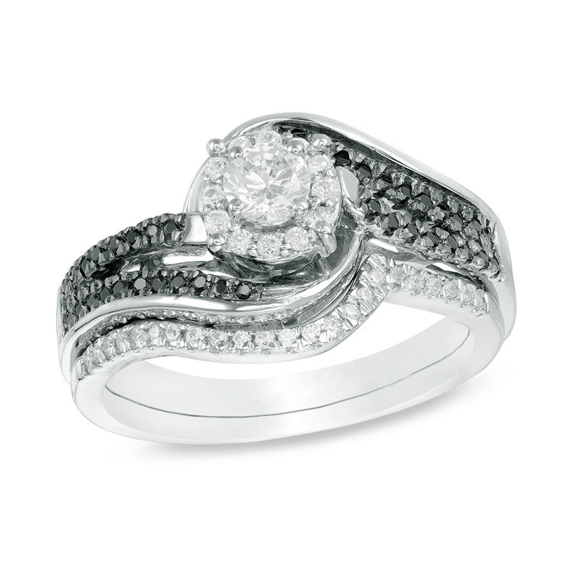 0.45 CT. T.W. Enhanced Black and White Diamond Frame Bypass Swirl Bridal Set in 10K White Gold