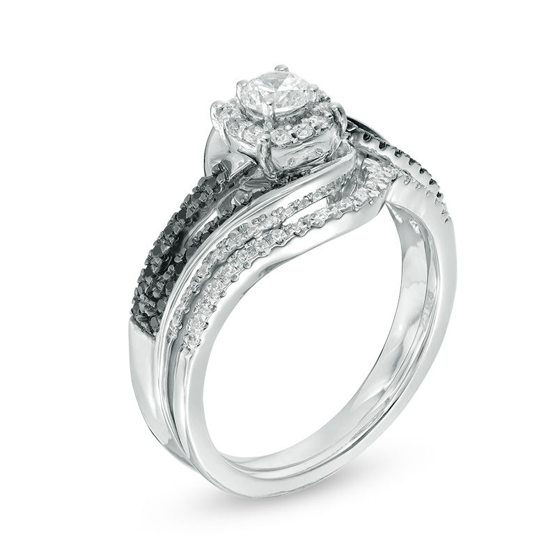 0.45 CT. T.W. Enhanced Black and White Diamond Frame Bypass Swirl Bridal Set in 10K White Gold