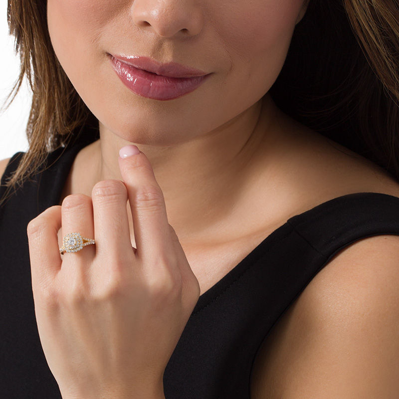0.95 CT. T.W. Diamond Double Cushion Frame Engagement Ring in 10K Gold