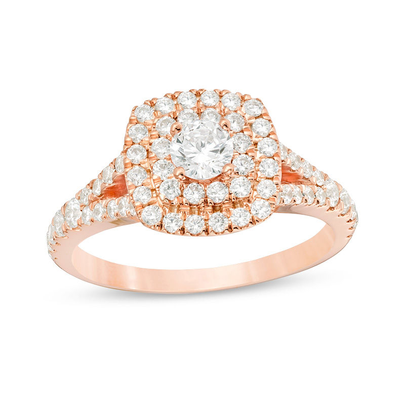 0.95 CT. T.W. Diamond Double Cushion Frame Engagement Ring in 10K Rose Gold