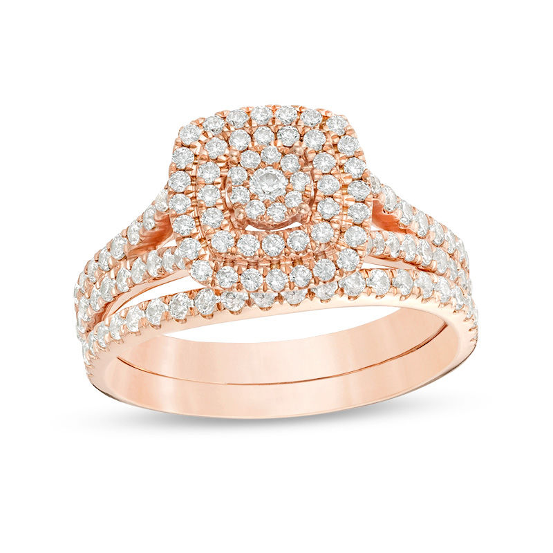 0.95 CT. T.W. Composite Diamond Double Cushion Frame Bridal Set in 10K Rose Gold