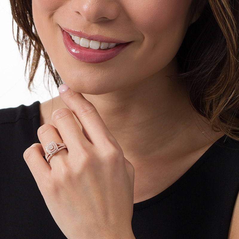 0.95 CT. T.W. Composite Diamond Double Cushion Frame Bridal Set in 10K Rose Gold