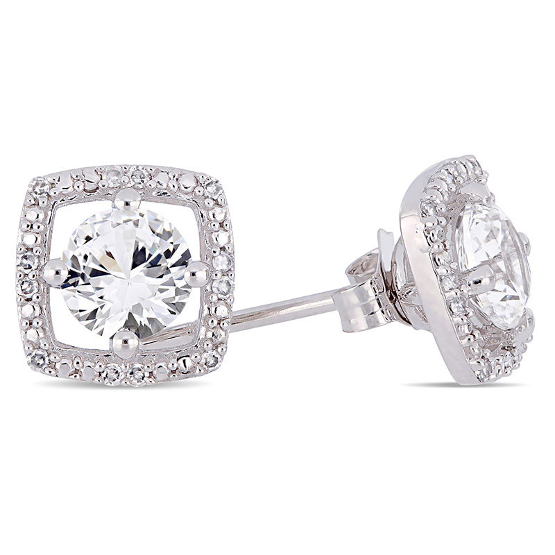 5.0mm Lab-Created White Sapphire and 0.072 CT. T.W. Diamond Cushion Frame Stud Earrings in 10K White Gold