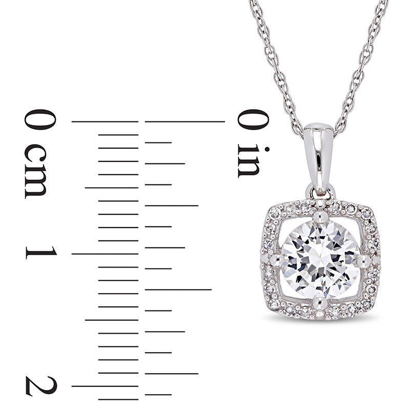 6.0mm Lab-Created White Sapphire and 0.10 CT. T.W. Diamond Cushion Frame Pendant in 10K White Gold - 17"