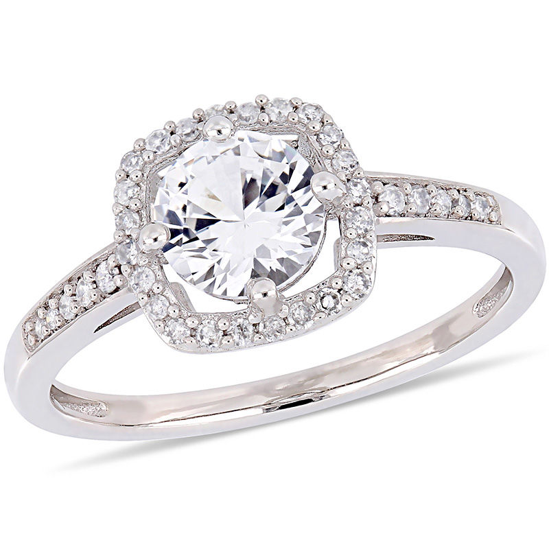 6.0mm Lab-Created White Sapphire and 0.144 CT. T.W. Diamond Cushion Frame Ring in 10K White Gold|Peoples Jewellers