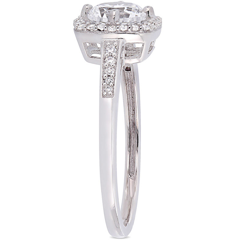 6.0mm Lab-Created White Sapphire and 0.144 CT. T.W. Diamond Cushion Frame Ring in 10K White Gold