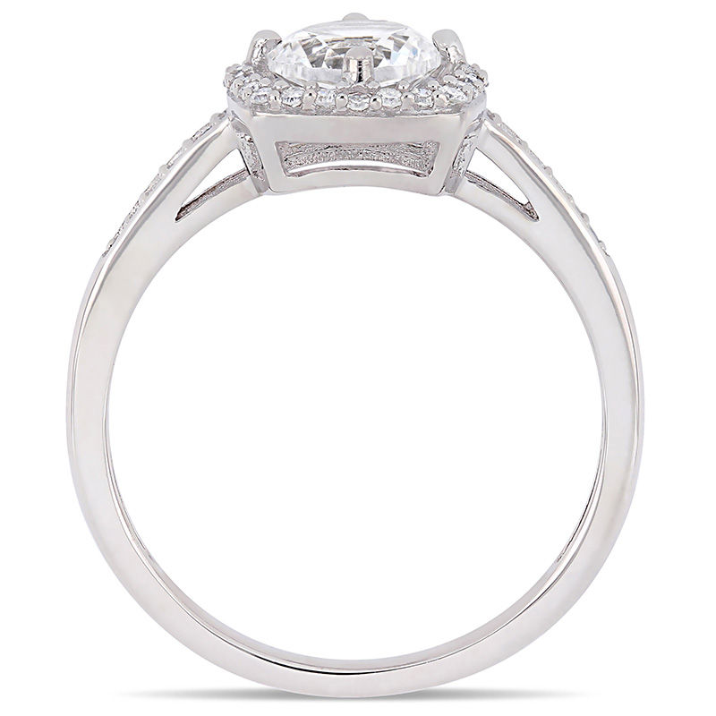 6.0mm Lab-Created White Sapphire and 0.144 CT. T.W. Diamond Cushion Frame Ring in 10K White Gold