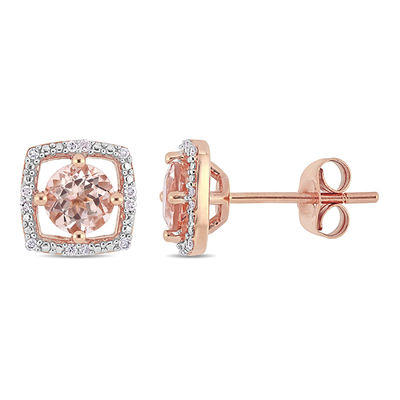 5.0mm Morganite and 0.072 CT. T.W. Diamond Cushion Frame Stud Earrings in 10K Rose Gold