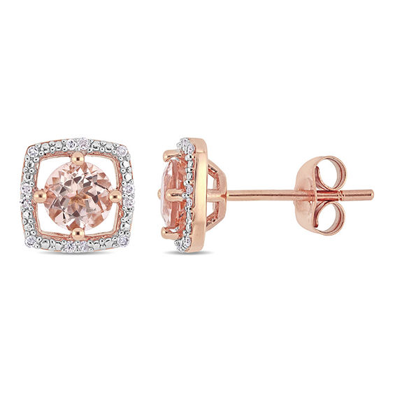 5.0mm Morganite and 0.072 CT. T.W. Diamond Cushion Frame Stud Earrings in 10K Rose Gold