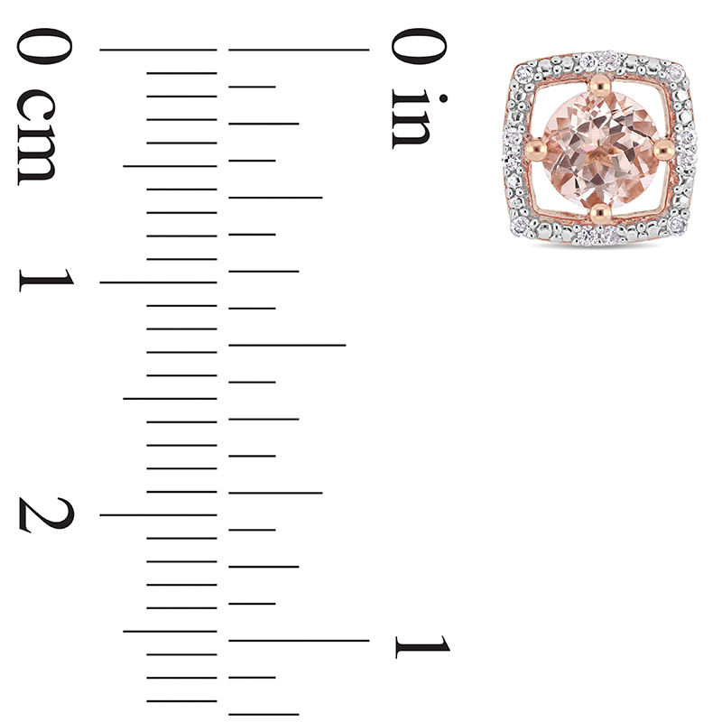 Main Image 3 of 5.0mm Morganite and 0.072 CT. T.W. Diamond Cushion Frame Stud Earrings in 10K Rose Gold