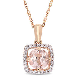 6.0mm Morganite and 0.10 CT. T.W. Diamond Cushion Frame Pendant in 10K Rose Gold - 17"