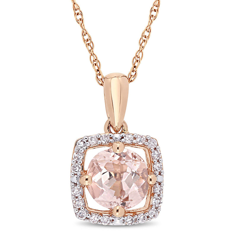 6.0mm Morganite and 0.10 CT. T.W. Diamond Cushion Frame Pendant in 10K Rose Gold - 17"