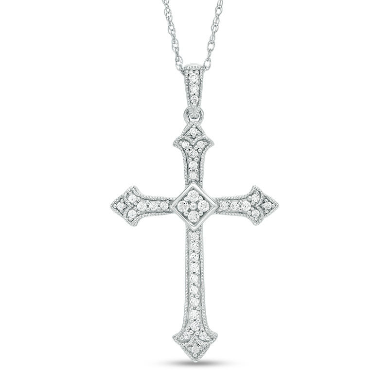 0.20 CT. T.W. Diamond Vintage-Style Cross Pendant in 10K White Gold