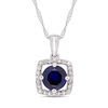 6.0mm Lab-Created Blue Sapphire and 0.10 CT. T.W. Diamond Cushion Frame Pendant in 10K White Gold - 17"
