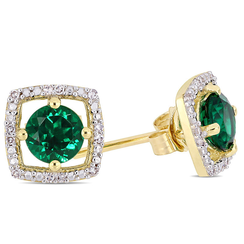 Main Image 2 of 5.0mm Lab-Created Emerald and 0.072 CT. T.W. Diamond Cushion Frame Stud Earrings in 10K Gold