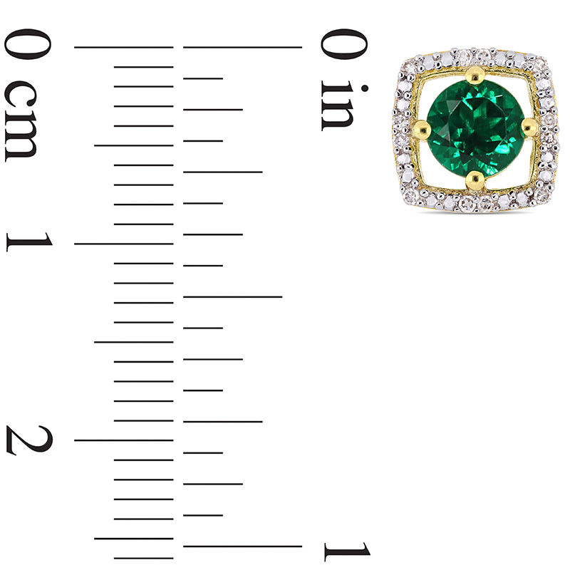 Main Image 3 of 5.0mm Lab-Created Emerald and 0.072 CT. T.W. Diamond Cushion Frame Stud Earrings in 10K Gold
