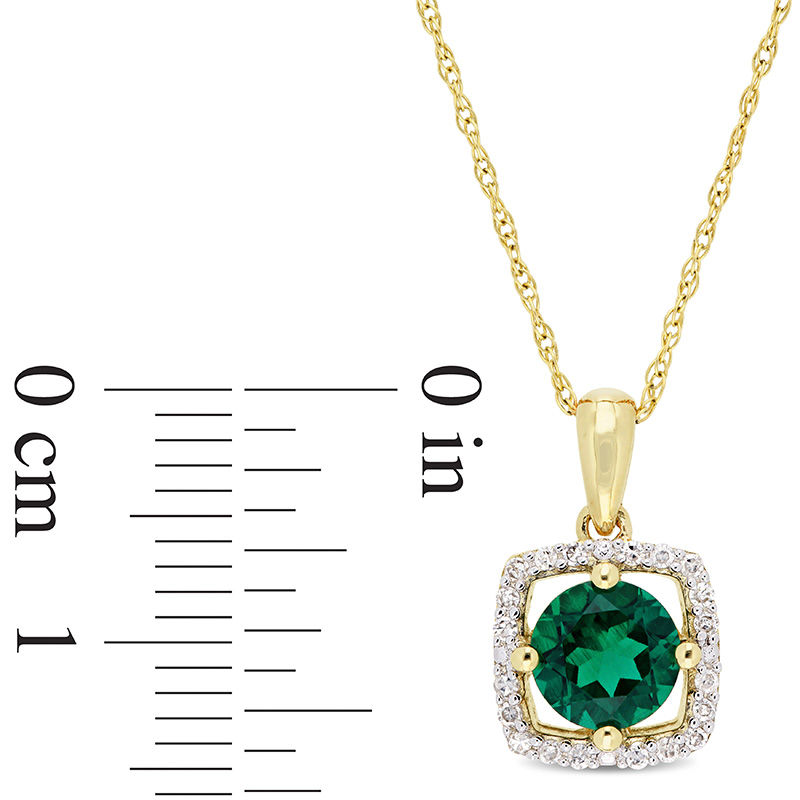 6.0mm Lab-Created Emerald and 0.10 CT. T.W. Diamond Cushion Frame Pendant in 10K Gold - 17"