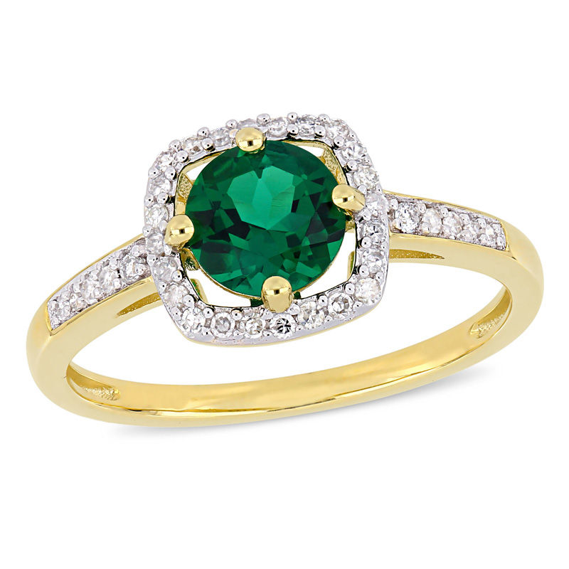 6.0mm Lab-Created Emerald and 0.144 CT. T.W. Diamond Cushion Frame Ring in 10K Gold