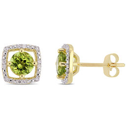 5.0mm Peridot and 0.072 CT. T.W. Diamond Cushion Frame Stud Earrings in 10K Gold