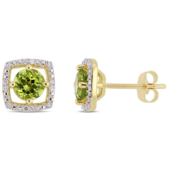 5.0mm Peridot and 0.072 CT. T.W. Diamond Cushion Frame Stud Earrings in 10K Gold