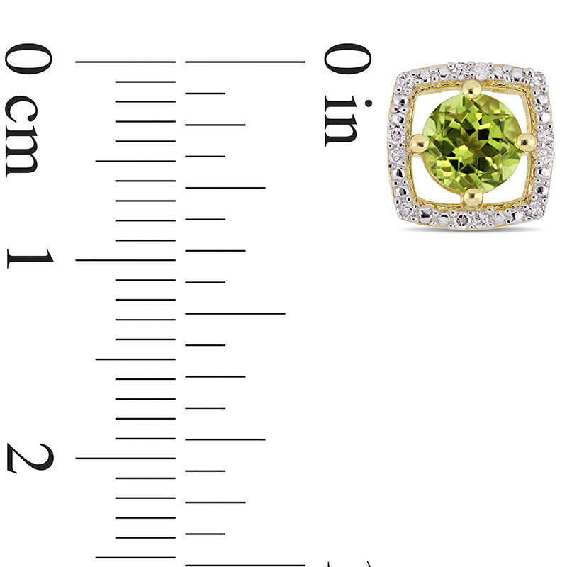 5.0mm Peridot and 0.072 CT. T.W. Diamond Cushion Frame Stud Earrings in 10K Gold