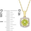 6.0mm Peridot and 0.10 CT. T.W. Diamond Cushion Frame Pendant in 10K Gold - 17"