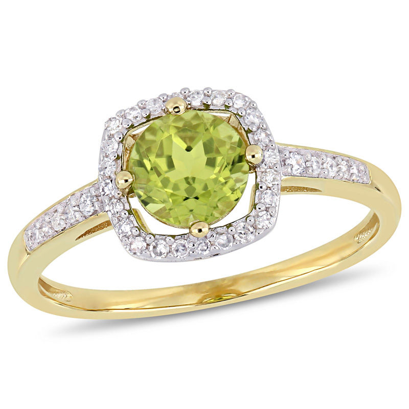 6.0mm Peridot and 0.144 CT. T.W. Diamond Cushion Frame Ring in 10K Gold