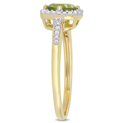 6.0mm Peridot and 0.144 CT. T.W. Diamond Cushion Frame Ring in 10K Gold