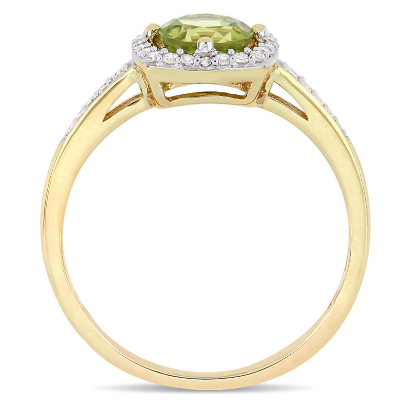 Main Image 3 of 6.0mm Peridot and 0.144 CT. T.W. Diamond Cushion Frame Ring in 10K Gold