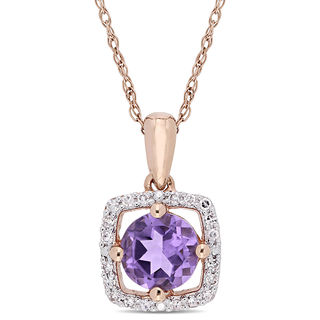6.0mm Amethyst and 0.10 CT. T.W. Diamond Cushion Frame Pendant in 10K Rose Gold - 17"