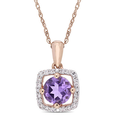 6.0mm Amethyst and 0.10 CT. T.W. Diamond Cushion Frame Pendant in 10K Rose Gold - 17"