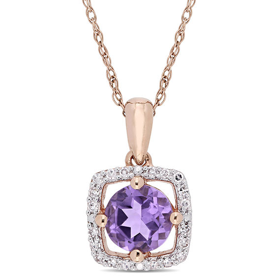 6.0mm Amethyst and 0.10 CT. T.W. Diamond Cushion Frame Pendant in 10K Rose Gold - 17"