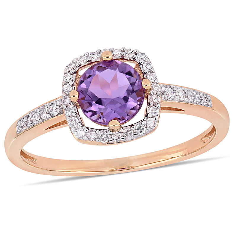 6.0mm Amethyst and 0.144 CT. T.W. Diamond Cushion Frame Ring in 10K Rose Gold|Peoples Jewellers