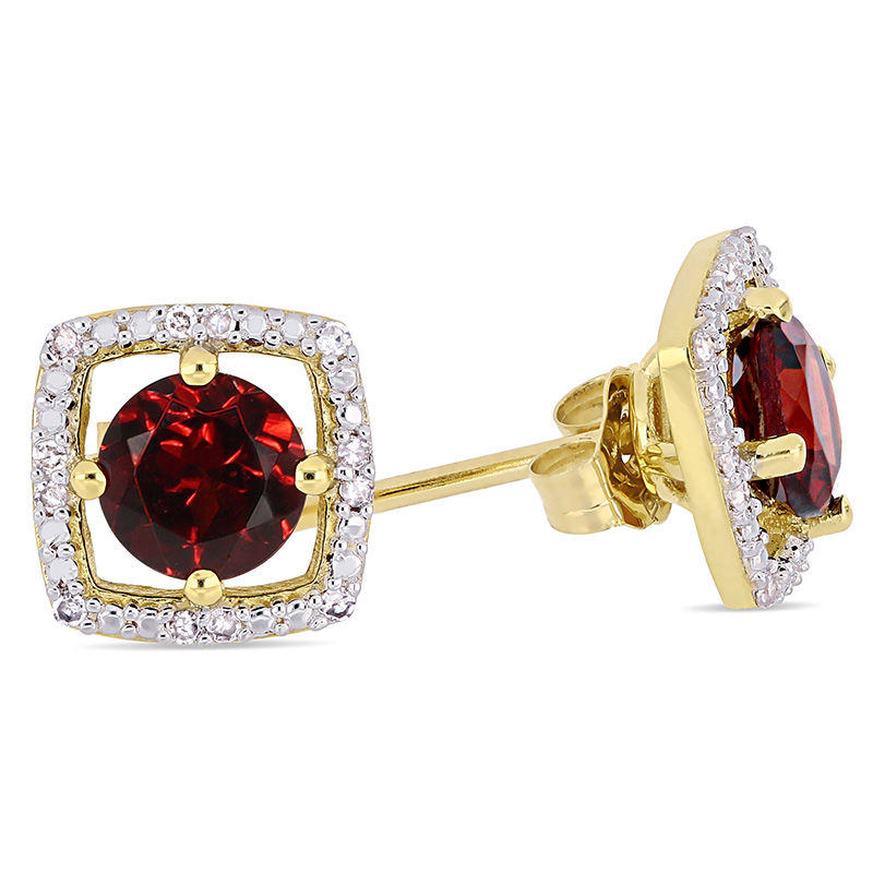 Main Image 2 of 5.0mm Garnet and 0.072 CT. T.W. Diamond Cushion Frame Stud Earrings in 10K Gold