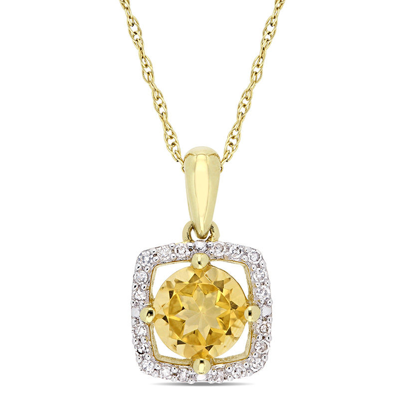 6.0mm Citrine and 0.10 CT. T.W. Diamond Cushion Frame Pendant in 10K Gold - 17"|Peoples Jewellers