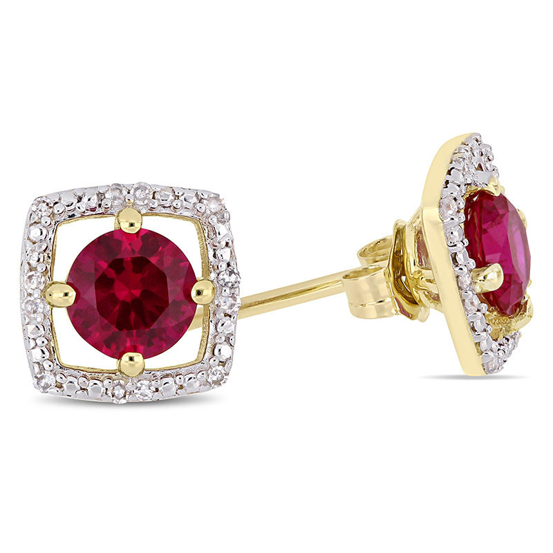 Main Image 2 of 5.0mm Lab-Created Ruby and 0.072 CT. T.W. Diamond Cushion Frame Stud Earrings in 10K Gold