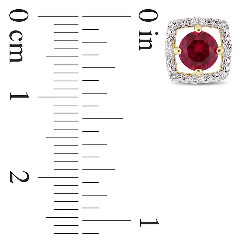Main Image 3 of 5.0mm Lab-Created Ruby and 0.072 CT. T.W. Diamond Cushion Frame Stud Earrings in 10K Gold