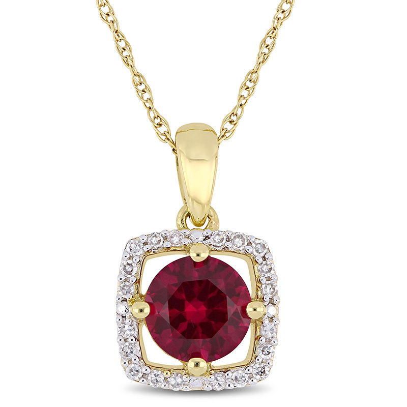6.0mm Lab-Created Ruby and 0.10 CT. T.W. Diamond Cushion Frame Pendant in 10K Gold - 17"