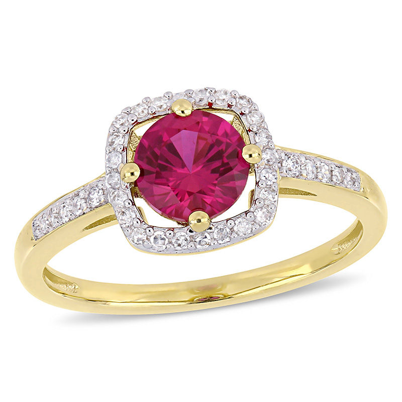 6.0mm Lab-Created Ruby and 0.144 CT. T.W. Diamond Cushion Frame Ring in 10K Gold|Peoples Jewellers