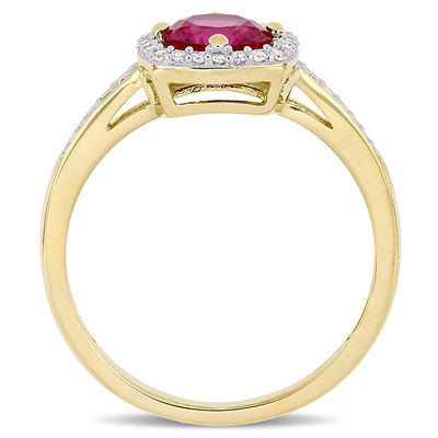 6.0mm Lab-Created Ruby and 0.144 CT. T.W. Diamond Cushion Frame Ring in 10K Gold