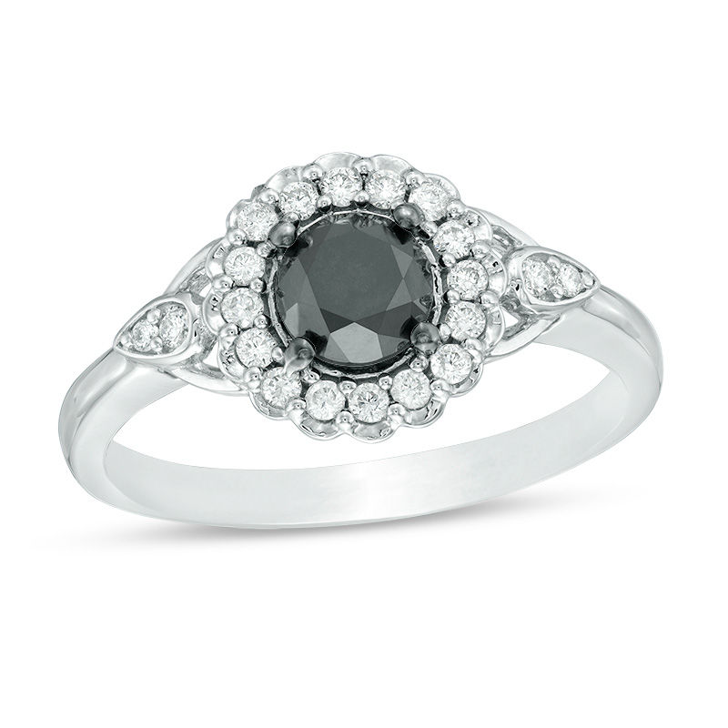 1.23 CT. T.W. Enhanced Black and White Diamond Scallop Frame Engagement Ring in 14K White Gold