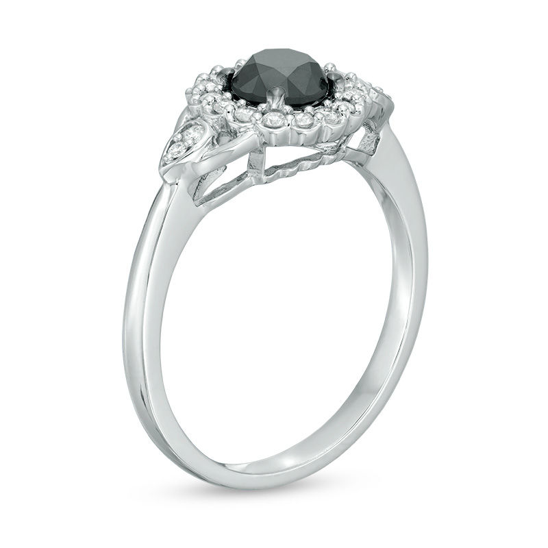 1.23 CT. T.W. Enhanced Black and White Diamond Scallop Frame Engagement Ring in 14K White Gold