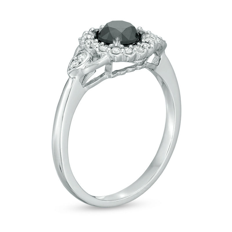 1.23 CT. T.W. Enhanced Black and White Diamond Scallop Frame Engagement Ring in 14K White Gold