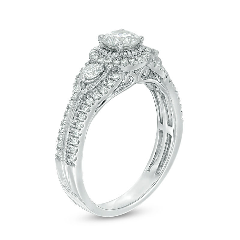 Main Image 2 of 0.88 CT. T.W. Certified Canadian Diamond Three Stone Frame Vintage-Style Engagement Ring in 14K White Gold (I/I2)