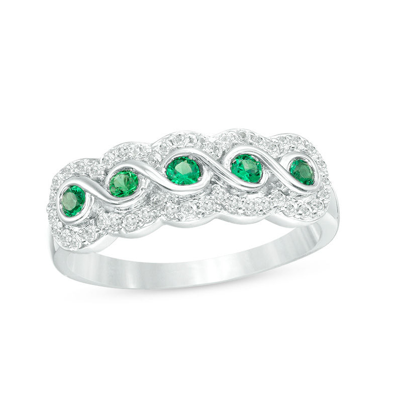 Lab-Created Emerald and White Sapphire Frame Five Stone Ring in Sterling Silver