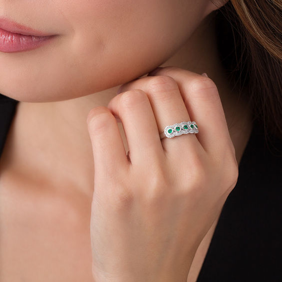 Lab-Created Emerald and White Sapphire Frame Five Stone Ring in Sterling Silver