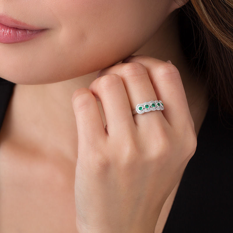 Lab-Created Emerald and White Sapphire Frame Five Stone Ring in Sterling Silver