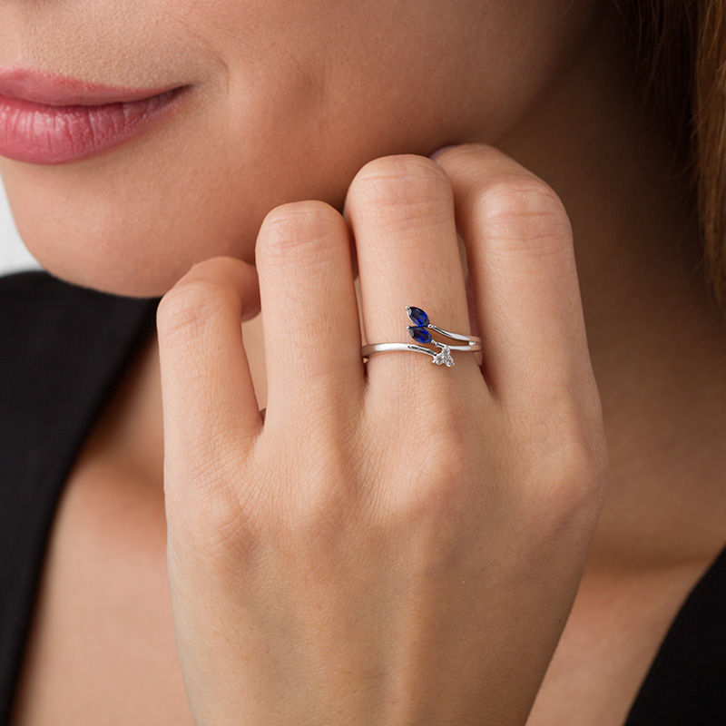 Marquise Lab-Created Blue and White Sapphire Arrow Bypass Ring in Sterling Silver